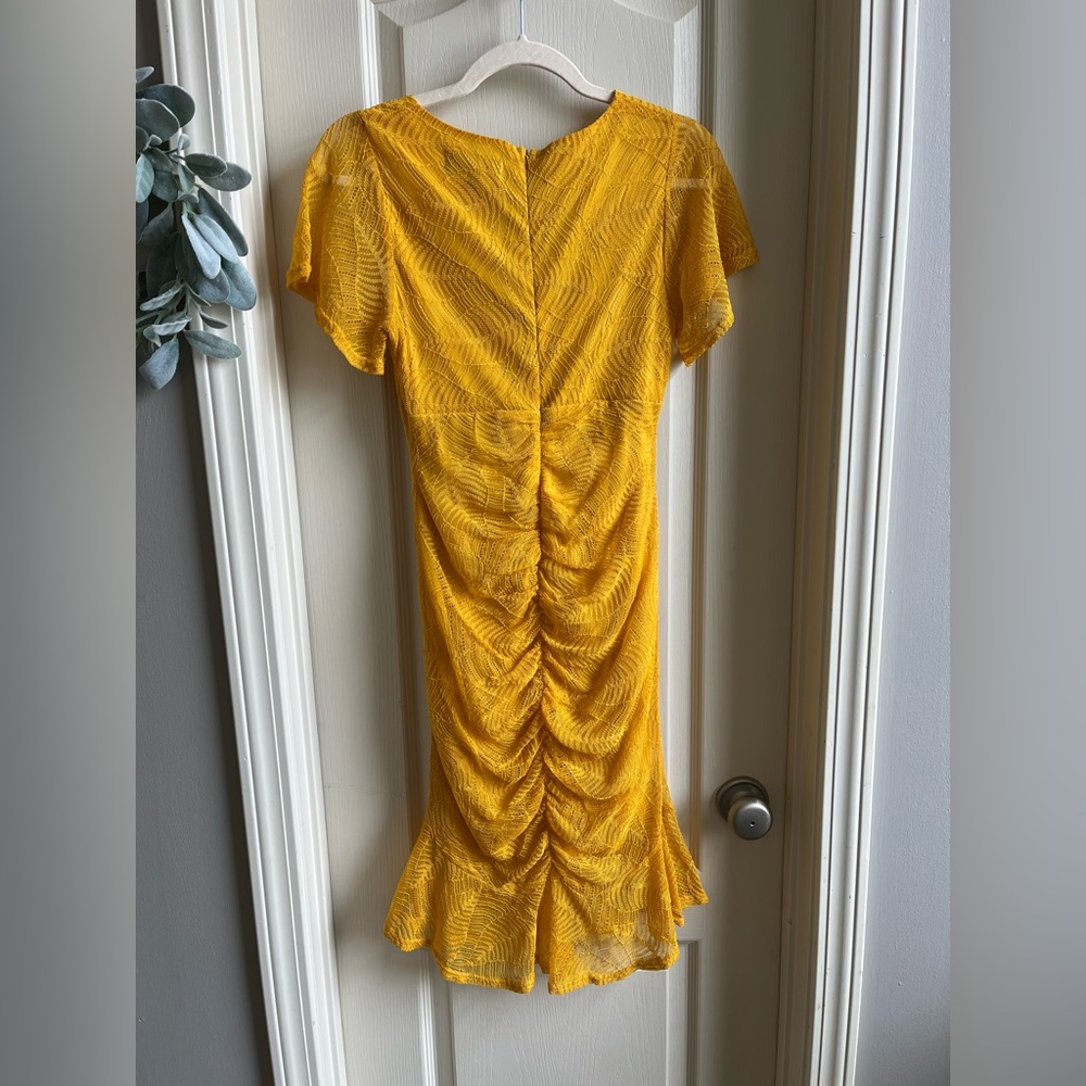 Lulu’s Harlou Mustard Yellow Lace Ruched Bodycon Dress - Picture 3 of 8